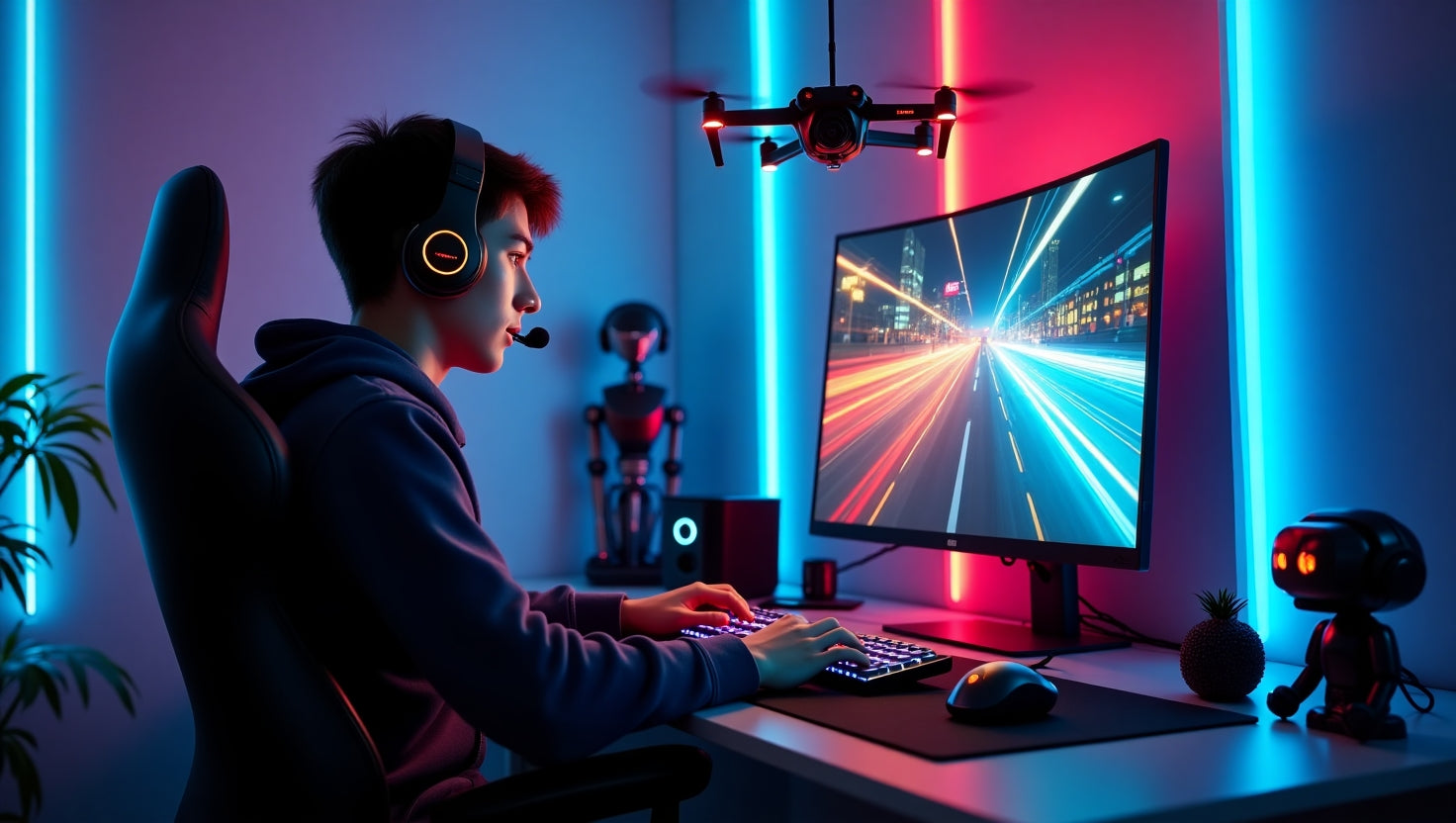 Person playing a fast-paced game on a computer in a vibrant, neon-lit room.