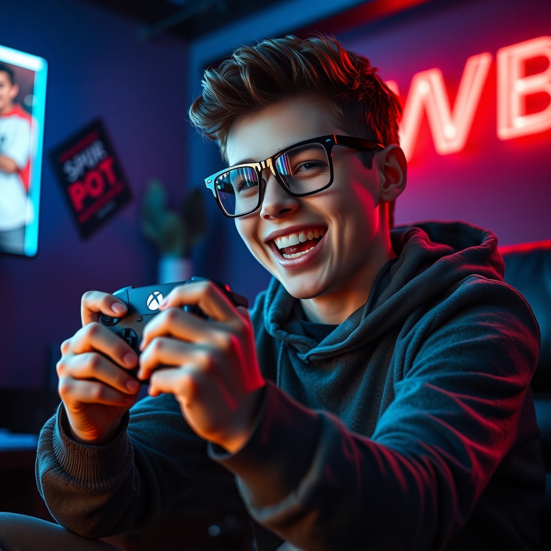 Person playing video games with a gaming console controller in a room with neon lights and a TV screen.