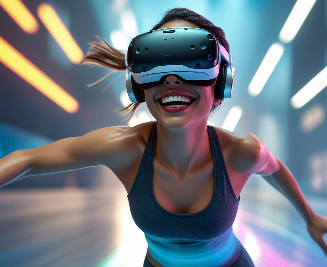 Woman wearing VR goggles in a futuristic setting with neon lights
