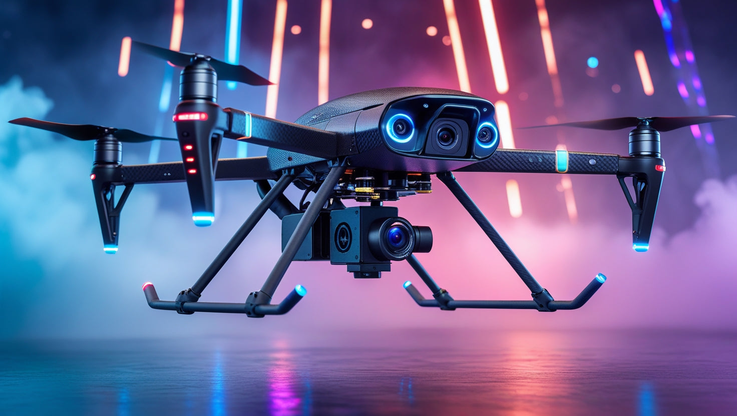 Black drone with blue and red lights against a colorful background