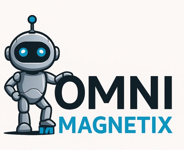 Logo of Omni Magnetix with a robot character on a white background